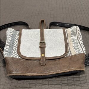 Myra Bag Gray & Brown Backpack Purse w/ Cowhide and Leather accents. Western.